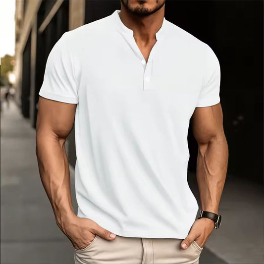 Summer New High-end Solid Color Striped Henry Shirt for Men's Summer Casual Fashion Comfortable Breathable T-shirt Top