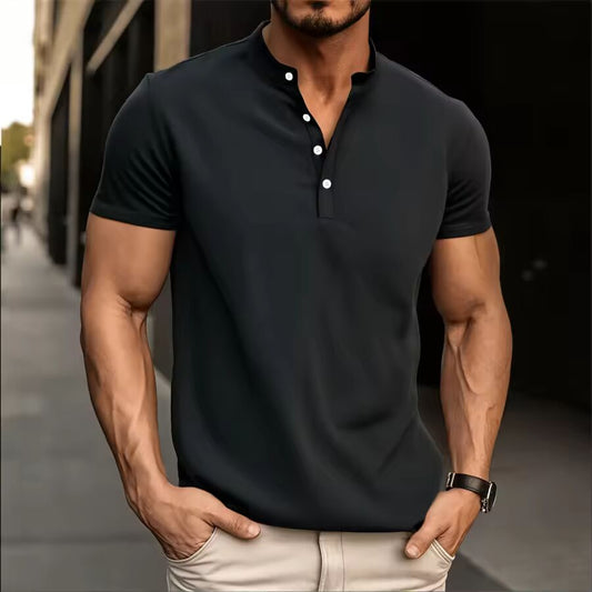 Summer New High-end Solid Color Striped Henry Shirt for Men's Summer Casual Fashion Comfortable Breathable T-shirt Top