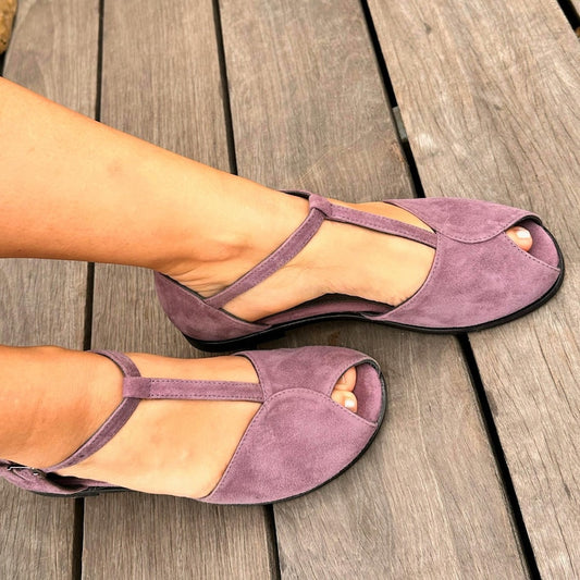 Peep Toe T-Strap Purple Suede Flats for Women, Open Toe Vintage Style Summer Shoes